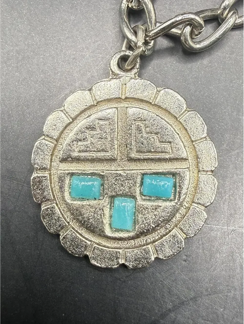 Vintage Tibetan Silver Toned Charm Bracelet - 5 Turquoise Inlay Figural Charms